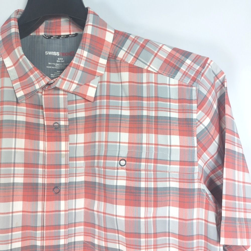 Swiss Tech Short Sleeve Shirt Mens Small‎ Snap Up Orange Gray Plaid Microfiber